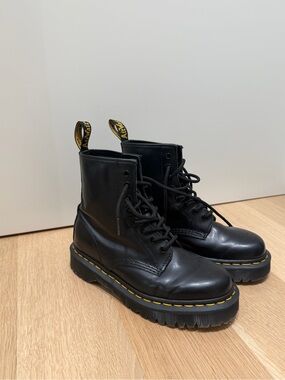 Dr. Martens Black Leather Lace-Up Platform Boots with Yellow Stitching